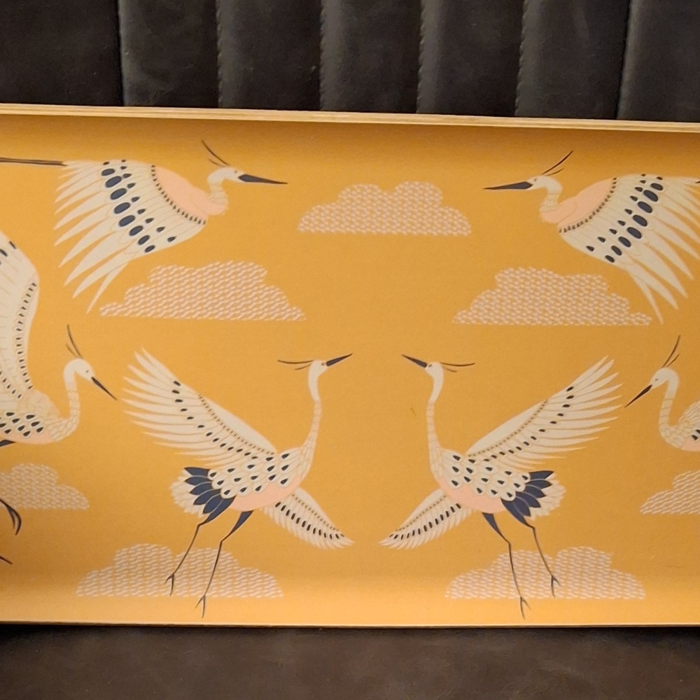 Vintage Yellow Tray with Crane Design